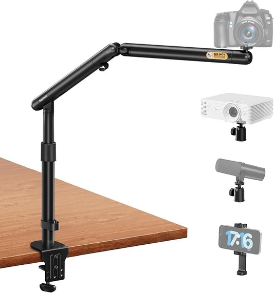 Overhead Camera Mount, Adjustable Desk Mount with Flexible Aluminum Spring Arm, 360° Ball Head, 1/4" 3/8" Screw & Phone Clamp for DSLR Cameras, Light, Heavy Microphones, and Smartphones