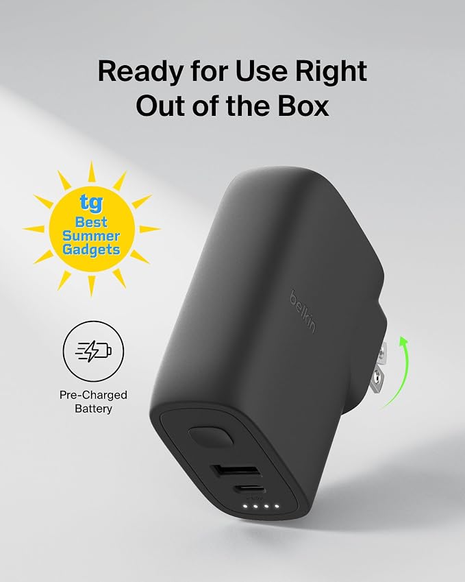 Belkin Hybrid Power Bank 5K + Wall Charger 25W - 2-in-1, Portable Battery w/USB-C Port & USB-A Port - Travel Essential - Apple iPhone 17, Air, Pro, Pro Max, AirPods, Apple Watch - Black