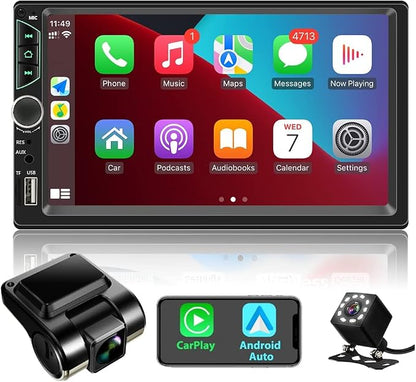 Double Din Car Stereo with Dash Cam,Compatible with Apple Carplay,Android Auto,7 inch Touch Screen Car Radio Receiver with Bluetooth, Mirror Link, Backup Camera, Navigation, FM, USB/TF/AUX