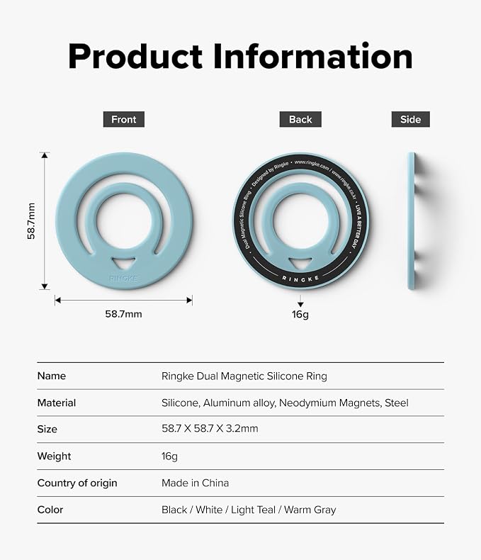 Ringke Dual Magnetic Silicone Ring [Compatible with MagSafe] Phone Grip, Dual-Sided Powerful Magnet, Lightweight (0.04 lb) & Super Slim (0.13 in) Soft Holder for iPhone, Galaxy, Pixel - Light Teal