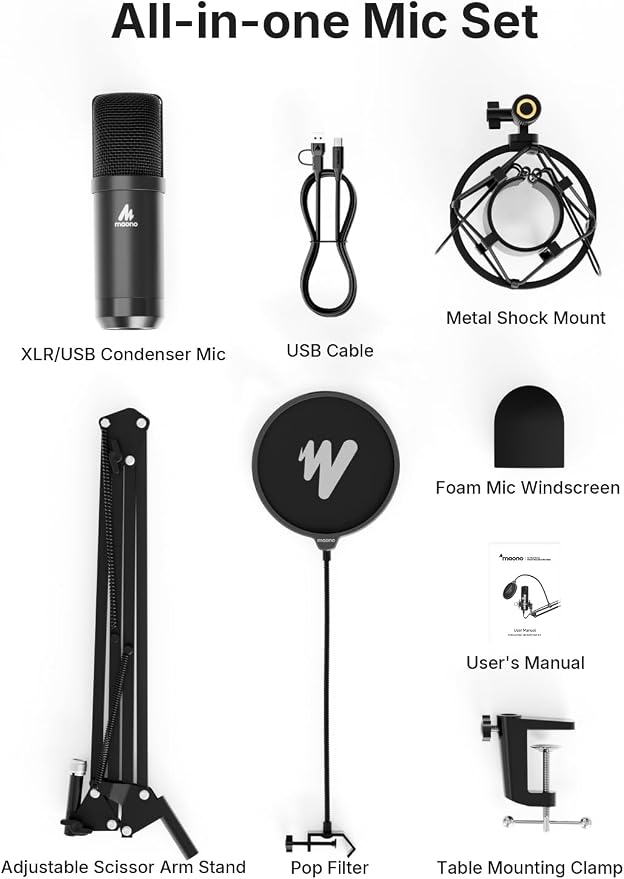 MAONO XLR/USB Condenser Microphone: 192kHz/24Bit Plug & Play PC Computer Podcast Cardioid Metal Mic Kit with Software, Professional Sound Chipset for Recording, Studio, Singing, YouTube A04 Gen2