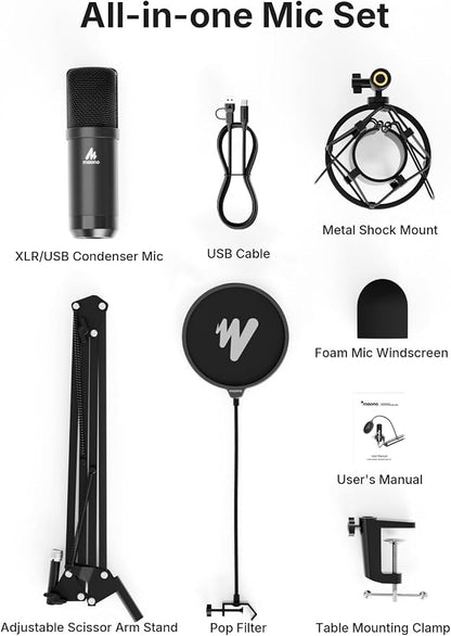 MAONO XLR/USB Condenser Microphone: 192kHz/24Bit Plug & Play PC Computer Podcast Cardioid Metal Mic Kit with Software, Professional Sound Chipset for Recording, Studio, Singing, YouTube A04 Gen2
