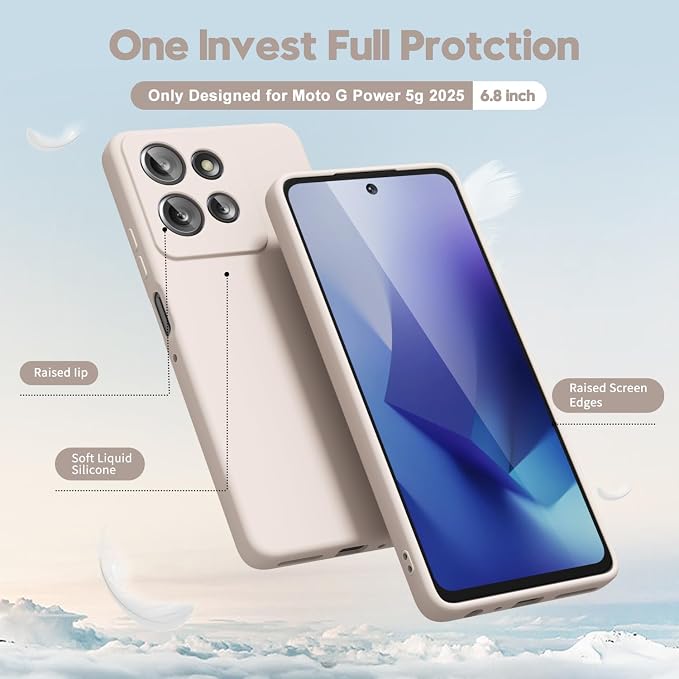 Oakxco for Motorola Moto G Power 2025 Case Liquid Silicone,Cute Thin Slim Grip Soft Rubber Gel for Women Men, Smooth Matte TPU Plain Solid Bright Color Girly Simple Case with Camera Cover, Beige Stone