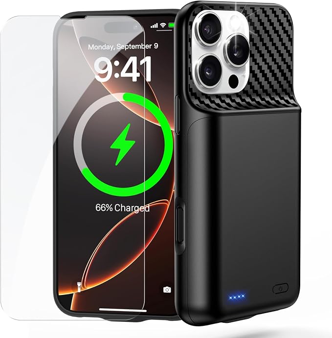 13800mAh Upgrade High Capacity Battery Case Compatible with iPhone 16 Pro Max (6.9inch), Rechargeable Portable Protective Charging Case w/Tempered-Glass Screen Protector - Black