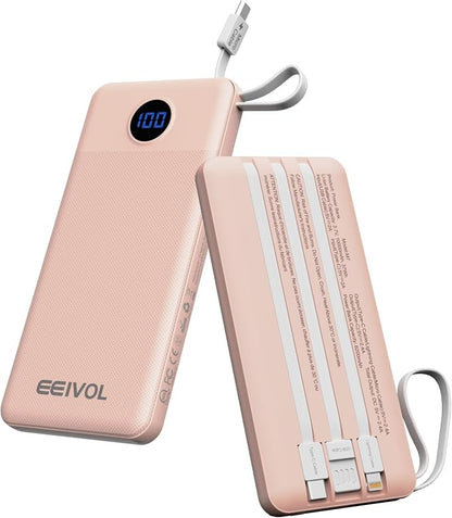Portable Charger with Built in Cables, Slim 10000mAh Power Bank, USB C Battery Pack Travel, 4 Output 2 Input External Charging Bank for iPhone 17/16/15/14/13,Samsung, Android, etc-Pink(1 Pack)