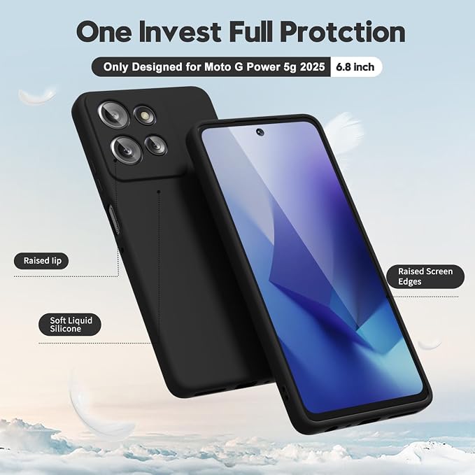 oakxco for Motorola Moto G Power 2025 Case Liquid Silicone, Cute Thin Slim Grip Soft Rubber Gel for Women Men, Smooth Matte TPU Plain Solid Color Girly Simple Case with Camera Cover, Black