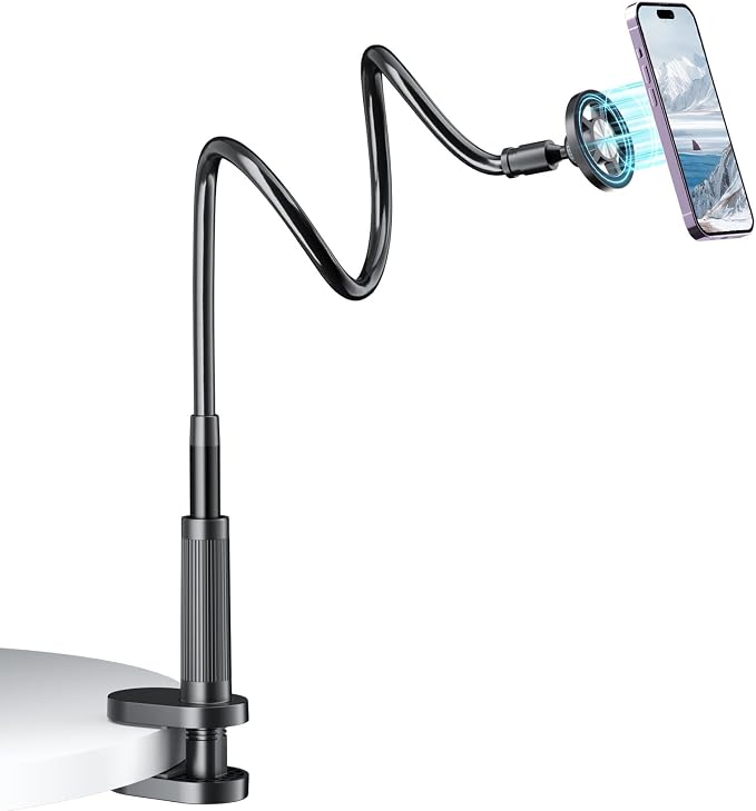 Gooseneck Phone Holder for Bed Laying Dowm, Magnetic Cell Phone Stand for Desk Headboard Bedside, Flexible Long Arm Mount Bracket Compatible with iPhone 17 16 15 14 13 12.