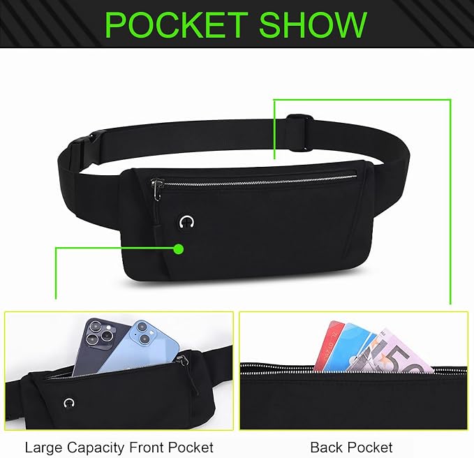 Lightweight Running Belt for Phone with Waterproof Fanny Pack, Adjustable Buckle, and Earphone Port - Store Essentials Snugly for Fitness, Cycling, and Travel, Black, One Size, Sport, XYB-1