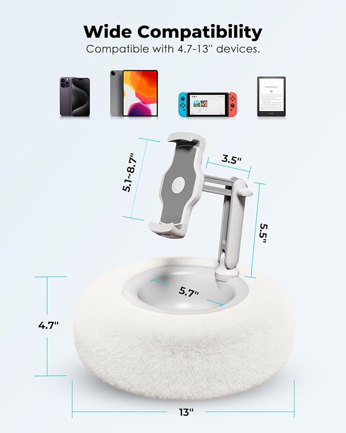 Viozon Tablet Stand Pillow, Compatible with 4.7"-13" Phone/Tablet, iPad, iPhone, Samsung, Google, Kindle, 360°Adjustable Phone Holder for Bed with Soft Plush Fabric, and Detachable Bowl, White