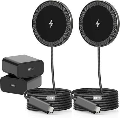 6FT Magnetic Wireless Charger Charging Pad - 15W Qi Fast Phone Charger Puck for Apple iPhone 17 16 15 14 13 12 Series & AirPods 4 3 2 Pro, Phone Charging Pad with Plug for Desk & Travel, 2Pack Black