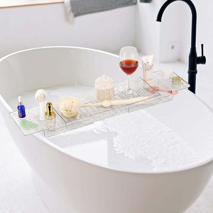 2 Pack Bathtub Tray, Bath Tray Bathroom Organizer Expandable Bathtub Table Trays Storage Rack for Book and Wine Glass, Clear