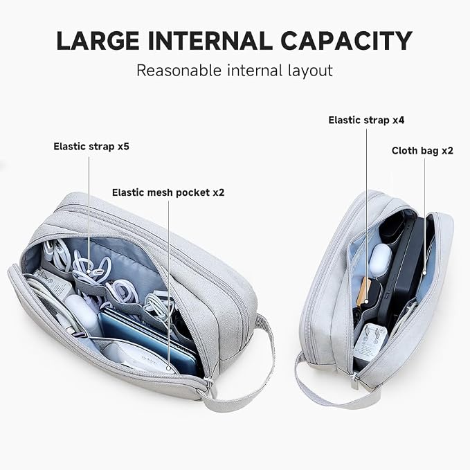 Teskyer Double Layer Cable Organizer Bag, Travel Tech Pouch, Light Grey | Elastic Bands Organization, Water Resistant Fabric, Multiple Compartments, Padded Protection, Travel and Office Use