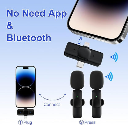 2 Pack Wireless Lavalier Microphone for iPhone,Android, USB C, Clip-on Mics, Bluetooth Lapel Mic for Video Recording Interview Vlog YouTube TikTok