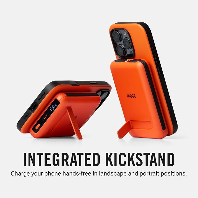 Ridge Magnetic Power Bank Fast Charging - Compatible with MagSafe - Portable Charger Power Bank - with Built in Cable and Wireless Charging, 5-in-1 Charging & Magnetic Attachment (Basecamp Orange)