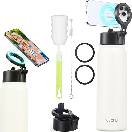 Insulated Water Bottle with Magnetic Phone Holder Compatible with MagSafe and iPhone,Double-Sided Magnet,Hot 12H Cold 24H,Stainless Steel Water Bottle Phone Mount for Sports Travel,27oz (Ivory)