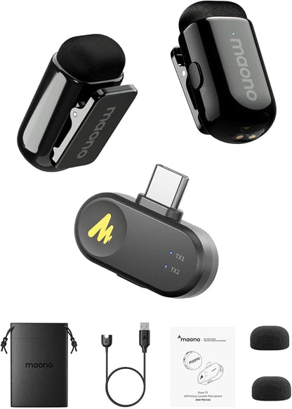 MAONO Wave T1 Mini Wireless Lavalier Microphone with USB-C Plug for iPhone 17 16 15 & Android, Clip on Lapel Mic, AI Noise Cancellation, Voice Filter for Video Recording Vlog Podcast TikTok YouTube