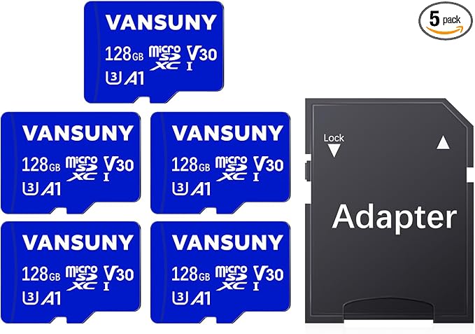 Vansuny Micro SD Card 128GB 5 Pack microSDXC Memory Cards with SD Adapter A1 App Performance V30 4K Video Recording C10 U3 Micro SD for Phone, Security Camera, Dash Cam, Action Camera