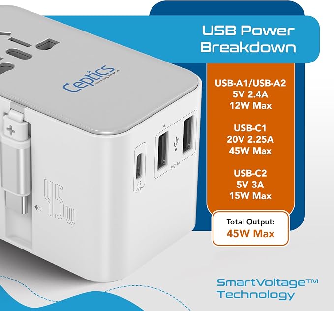 Ceptics 5 in 1 International Travel Adapter with PD 45W Retractable USB-C Cable 65cm, 2X USB-A 2.4A, 1x USB-C 3A, Travel Adapter Worldwide for Laptop, Phones and Cameras for US, EU, UK, UP-45WC-WH | 5 in 1 Design, International Power Adapter for USA, E...