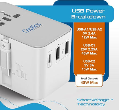 Ceptics 5 in 1 International Travel Adapter with PD 45W Retractable USB-C Cable 65cm, 2X USB-A 2.4A, 1x USB-C 3A, Travel Adapter Worldwide for Laptop, Phones and Cameras for US, EU, UK, UP-45WC-WH | 5 in 1 Design, International Power Adapter for USA, E...
