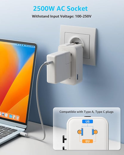 “Air” Universal Travel Adapter 3 USB-C＆ 1 USB-A Cover 200+ Countries | GaN 45W, International Plug Adapter, All in One Portable Adapter, NOT A Voltage Converter, for USA, UK, EU, AU (White)