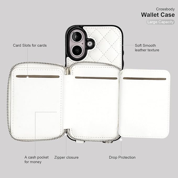 Bocasal Crossbody Wallet Case for iPhone 16, RFID Blocking PU Leather Zipper Handbag Purse Flip Cover, Kickstand Folio Case with Card Slots Holder Wrist Strap Lanyard 5G 6.1 Inch (White)