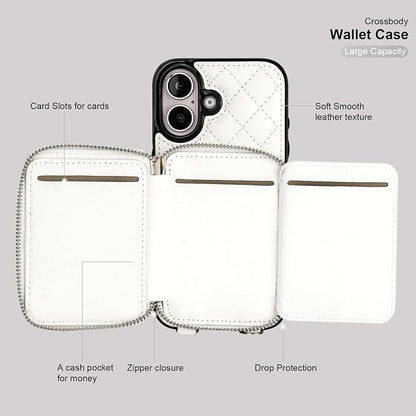 Bocasal Crossbody Wallet Case for iPhone 16, RFID Blocking PU Leather Zipper Handbag Purse Flip Cover, Kickstand Folio Case with Card Slots Holder Wrist Strap Lanyard 5G 6.1 Inch (White)