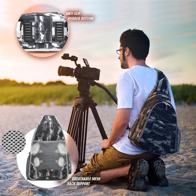 Camera Bag Waterproof Camera Sling Backpack with Rain Cover Outdoor Travel Backpack Camera Case for Laptop Canon Nikon Sony Pentax DSLR Cameras, Lens, Tripod and Accessories (Camouflage)