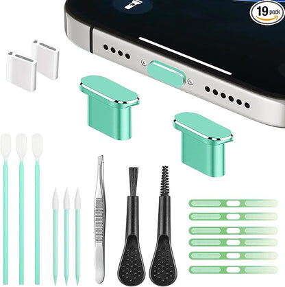 Mobile Phone Speaker Metal Dust Mesh, Charging Port dust Plug, Cleaning Brush Cleaning Tool Set for iPhone16 15 Series(USB -C Green)