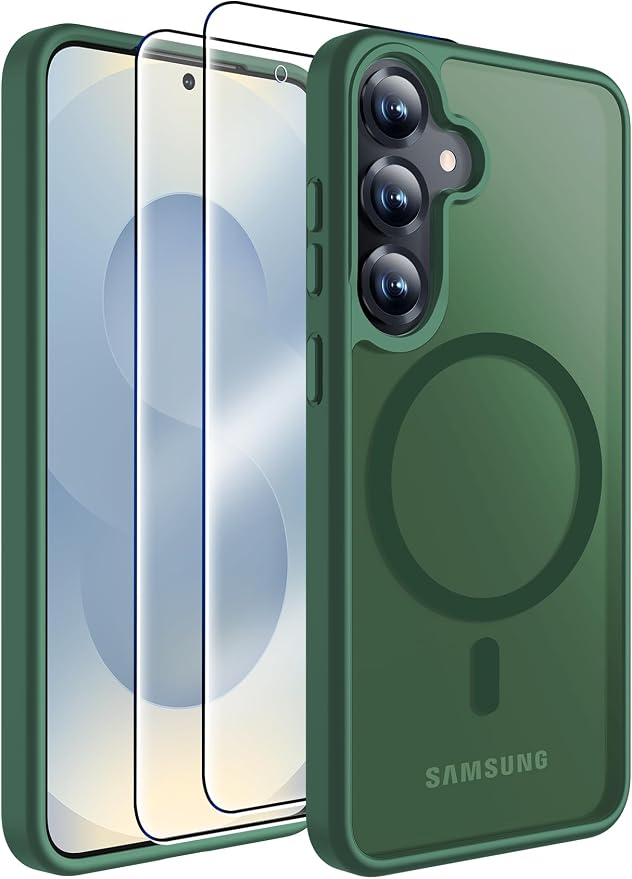 MOZOTER for Samsung Galaxy S25 Case with Magnetic,[Compatible with MagSafe][15Ft Military Dropproof][2*Screen Protector] Translucent Matte Anti-Slip Back Slim Shockproof Case for S25,6.2"(Green)