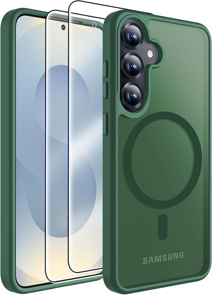MOZOTER for Samsung Galaxy S25 Case with Magnetic,[Compatible with MagSafe][15Ft Military Dropproof][2*Screen Protector] Translucent Matte Anti-Slip Back Slim Shockproof Case for S25,6.2"(Green)