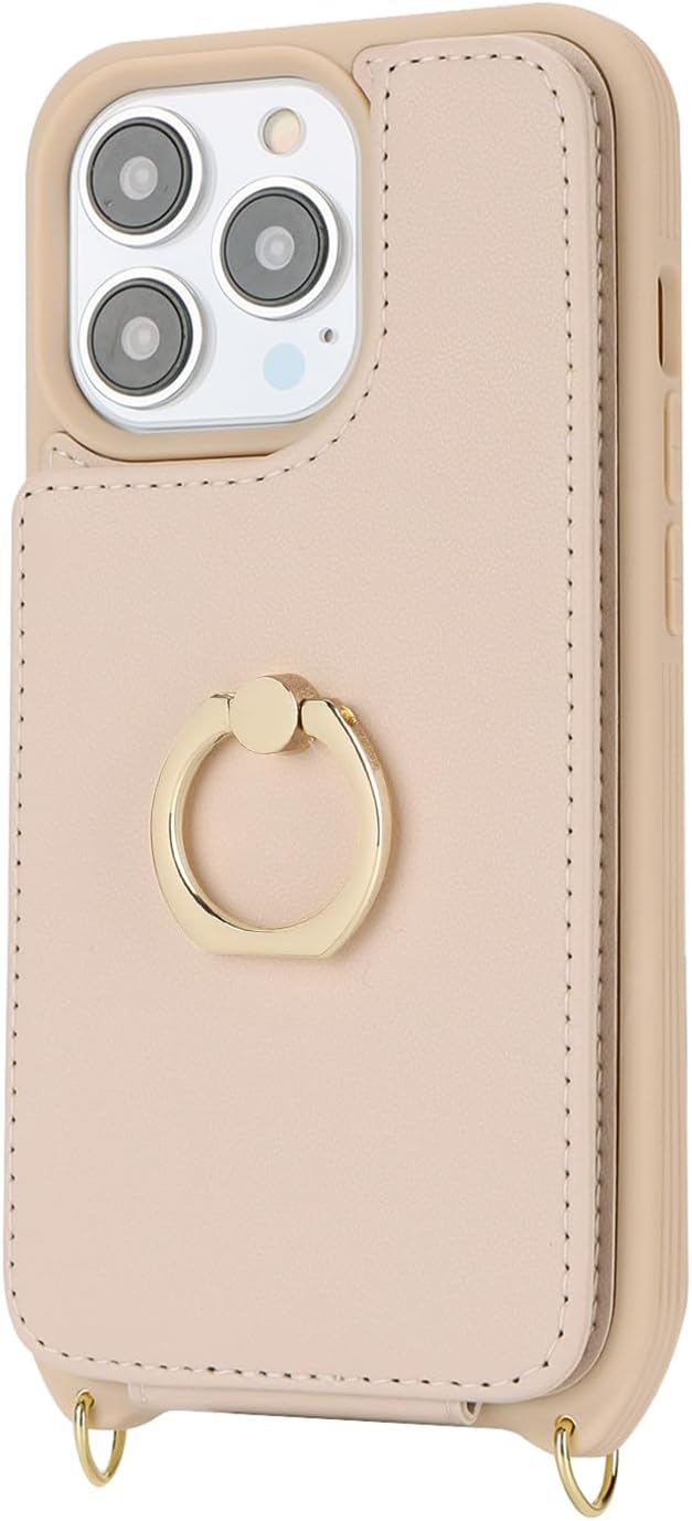 Lipvina for iPhone 13 Pro Case with Card Holder for Women,Crossbody Strap Lanyard,Credit Card Holder,Ring Stand,Snap Clasp,Wallet Case 6.1 inch (Beige)