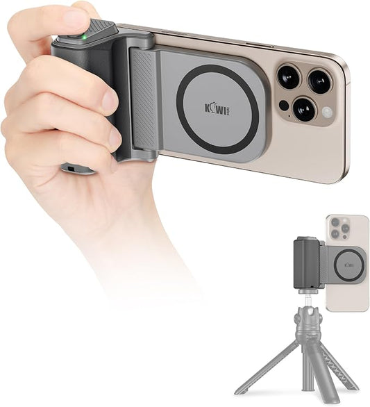 KIWIFOTOS for iPhone Magsafe Camera Grip Magnetic Phone Handle with Bluetooth Remote & Tripod Mount Adapter for iPhone 17 16 Pro Max Samsung Smartphone Vlog Video Shooting