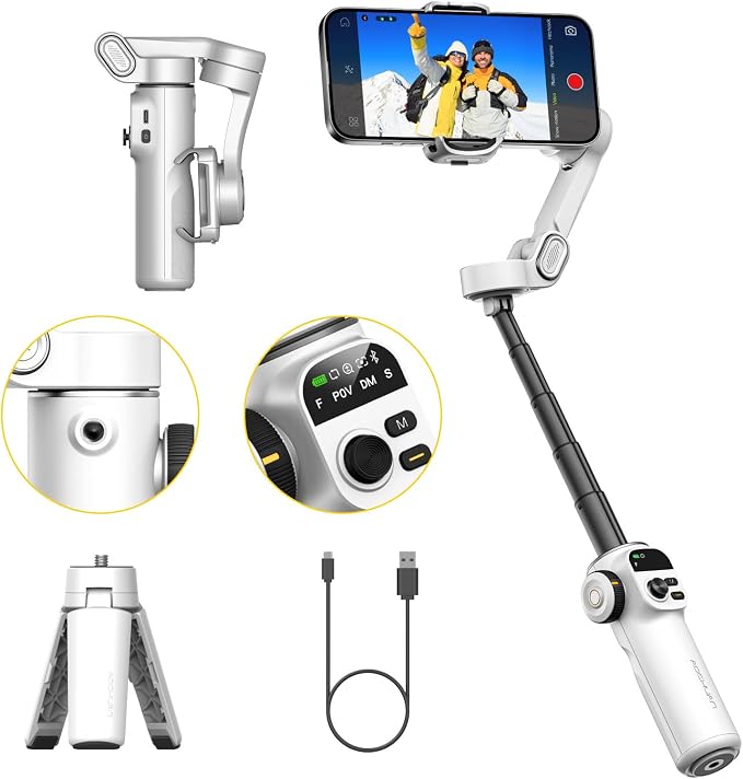 AOCHUAN Gimbal Stabilizer for iPhone, Phone Gimbal with Face/Object Tracking for Vlog Recording, 3-Axis Phone Stabilizer with 7.8' Extension Rod and OLED Display for iPhone/Android-Smart X2 White