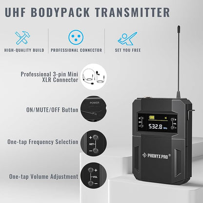 Phenyx Pro Wireless Microphone System,Metal Wireless Mic Set w/Handheld/Bodypack/Headset/Lapel Mics,2 x 30 UHF Frequencies, 200 ft Range, Cordless Mic for Singing, Karaoke, Church (PTU-52-1H1B)