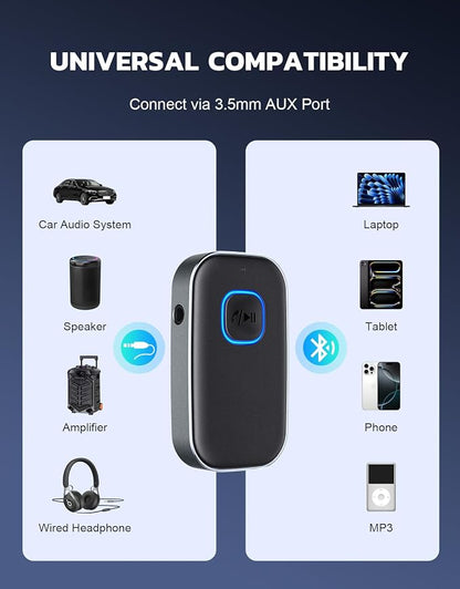 COMSOON Bluetooth Receiver for Car, Noise Cancelling 3.5mm AUX Bluetooth Car Adapter, Wireless Audio Receiver for Home Stereo/Wired Headphones, Hands-Free Call, 16H Battery Life - Dark Gray