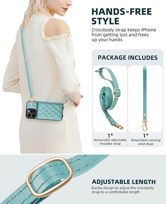 OCASE Compatible with iPhone 16 Pro Max Crossbody Wallet Case with Card Holder, PU Leather Zipper Handbag Phone Purse with RFID Blocking Kickstand Wrist Strap Lanyard 6.9 Inch, Diamond Check Green
