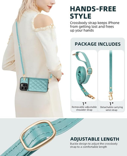OCASE Compatible with iPhone 16 Pro Max Crossbody Wallet Case with Card Holder, PU Leather Zipper Handbag Phone Purse with RFID Blocking Kickstand Wrist Strap Lanyard 6.9 Inch, Diamond Check Green