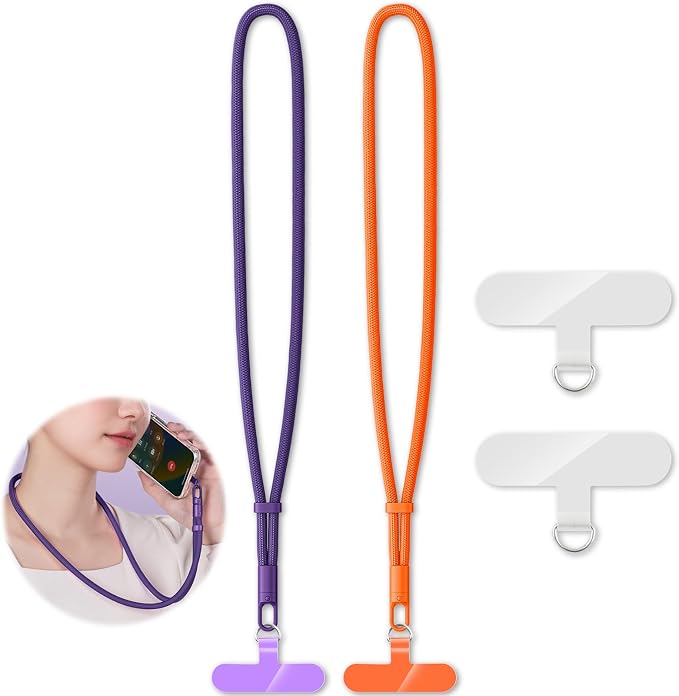 KITANIS 2 Pack Phone Lanyard,2×Phone Neck Strap,4×Tether Tabs,Universal Cell Phone Multifuctional Patch Polyester Lanyards,Cell Phone Lanyards for Women and Men(purple+orange)