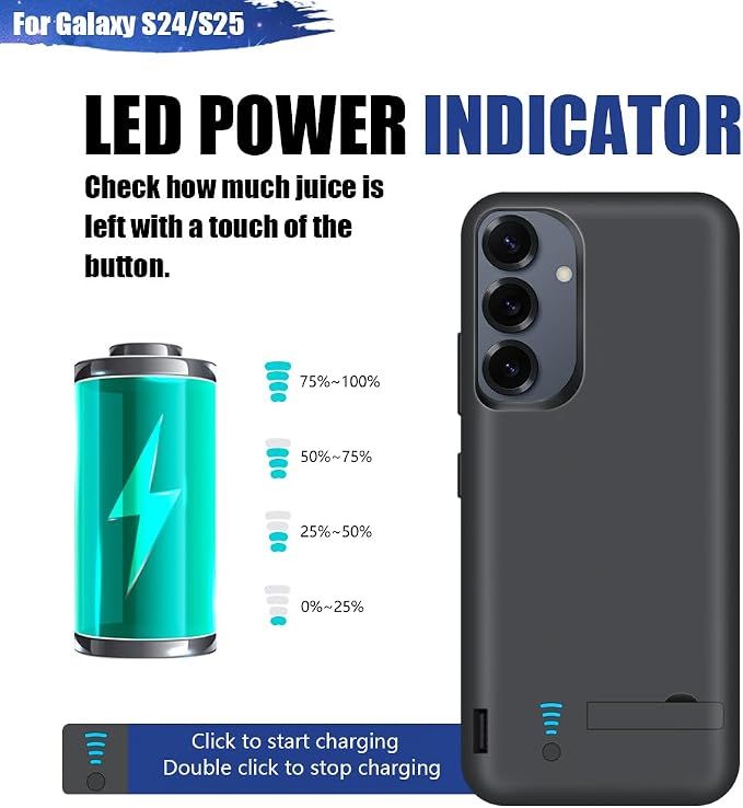 [New Battery Case for Samsung Galaxy S25 S24, 5000mAh Rechargeable Extended Battery Charging Charger Case, Add 100% Extra Juice (6.2 Inches) Black