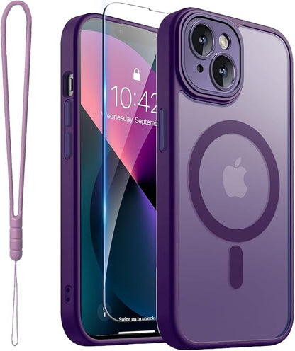 ROYBENS for iPhone 13 Matte Clear Case Compatible with Magsafe, Full Camera Lens Protection, Screen Protector, Wrist Strap, Translucent Magnetic Slim Hard Protective Phone Cover,6.1-Inch, Purple