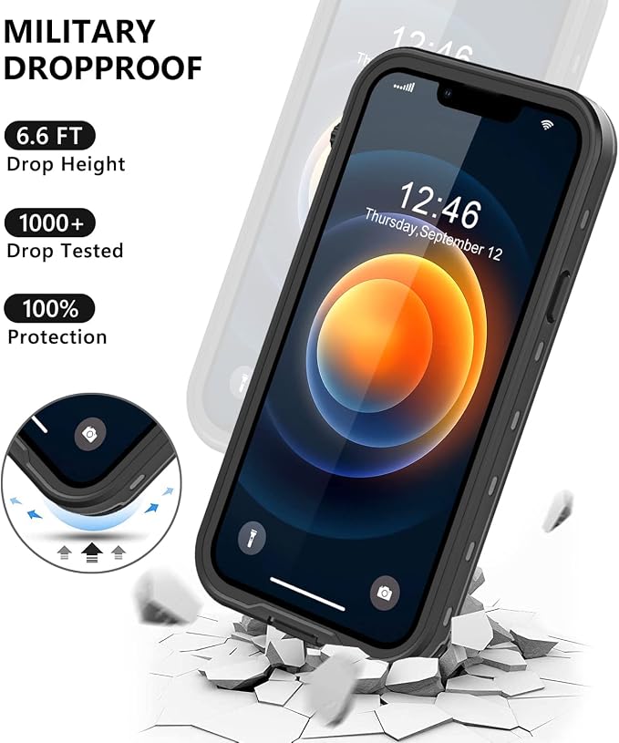 Protebox for iPhone 12 Waterproof Case with Built-in Screen Protector, Shockproof Dustproof Full Body Protective IP68 Waterproof Phone Case for iPhone 12 6.1 inch (Black/Clear)