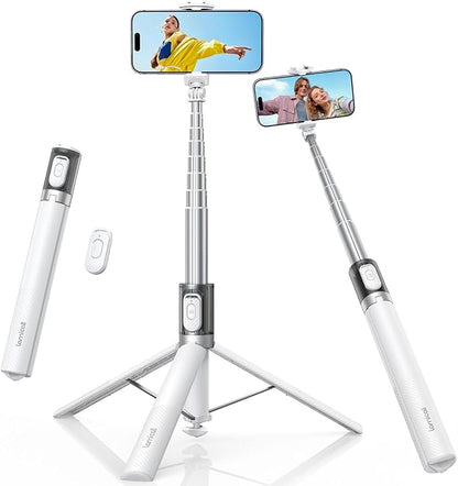 Lamicall 65" Phone Tripod & Selfie Stick - [Tap-to-Open] iPhone Tripod with Remote & Cold Shoe, Aluminum Phone Stand for Recording Compatible with iPhone for Video Recording Live Stream Vlog White