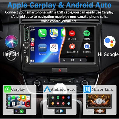Double Din Car Stereo with Dash Cam,Compatible with Apple Carplay,Android Auto,7 inch Touch Screen Car Radio Receiver with Bluetooth, Mirror Link, Backup Camera, Navigation, FM, USB/TF/AUX