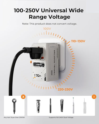 170W GaN Universal & International Travel Adapter & Wall Charger, European Travel Plug for UK/US/AUS/JP, 3 USB-C PD & 1 USB-A QC for Laptop Fast Charging, Worldwide Compatible, Travel Essentials