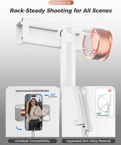 Selfie Stick Tripod for iPhone & Android – Portable Phone Tripod Stand with Bluetooth Remote, One-Click Open, Compact & Lightweight for Vlogging, Travel & Everyday Use(White)