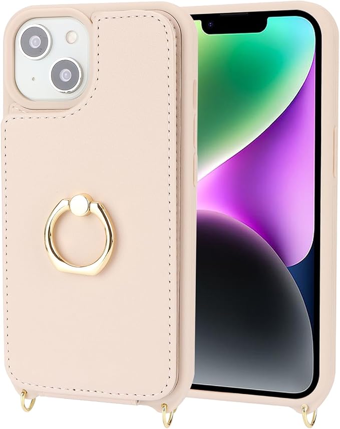 Lipvina for iPhone 14 Case with Card Holder for Women,iPhone 14 Phone Case with Strap,Crossbody Lanyard,RFID Blocking,Ring Stand,Snap Clasp,Cute Wallet Cases 6.1 inch (Beige)