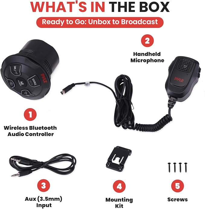 Marine Bluetooth Receiver Microphone Kit - Waterproof Audio Entertainment System Set w/ 2-Channel Wireless BT Controller, Handheld Broadcasting Mic - Car, Truck, ATV, UTV, 4x4, Boat
