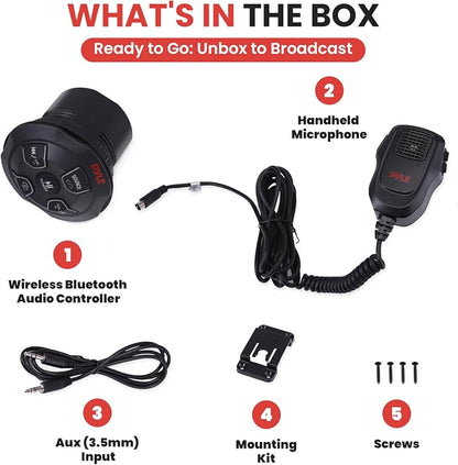 Marine Bluetooth Receiver Microphone Kit - Waterproof Audio Entertainment System Set w/ 2-Channel Wireless BT Controller, Handheld Broadcasting Mic - Car, Truck, ATV, UTV, 4x4, Boat