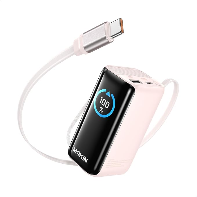 MOKiN Portable Charger with Built-in Retractable USB-C Cable, 45W Fast Charging 10000mAh Power Bank, Compact Travel Battery Pack for iPhone 17/16, Samsung Galaxy, iPad, Pixel and More
