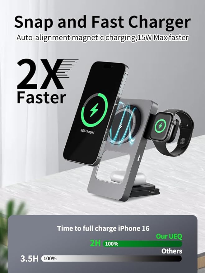 3 in 1 Wireless Charging Station for iPhone 17 16 15 14 13 12, Apple Watch 10 9 8 7 6 5 4 3 2 SE Ultra, AirPods 4 3 2 Pro, 15W Fast Charger Stand (Gray)